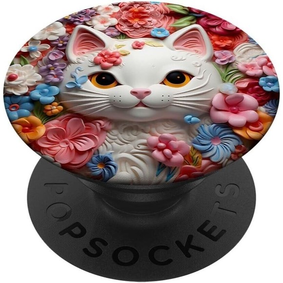 Pop Sockets for Phone Black Floral Cat Watercolor Swappable Grip & Stand Design - Picture 1 of 12